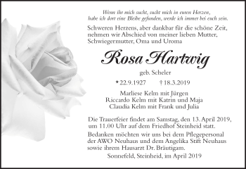 Traueranzeige von Rosa Hartwig von Südthüringer Presse