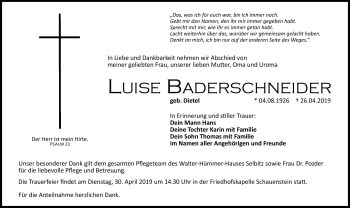 Traueranzeige von Luise Baderschneider von Frankenpost