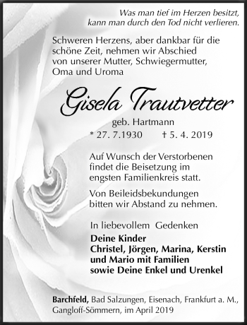 Traueranzeige von Gisela Trautvetter von Südthüringer Presse