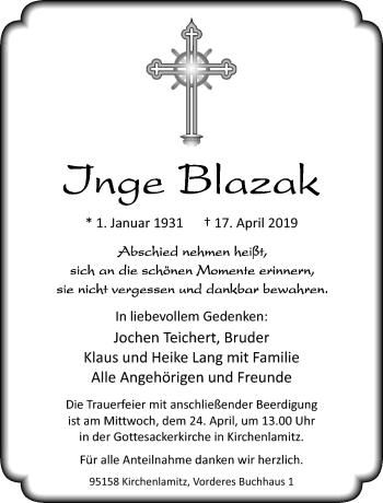 Traueranzeige von Inge Blazak von Frankenpost