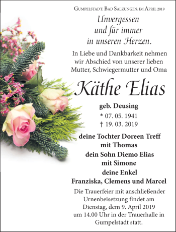 Traueranzeige von Käthe Elias von Südthüringer Presse