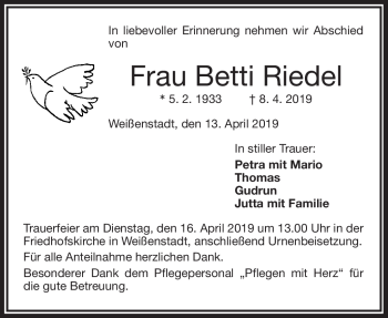 Traueranzeige von Betti Riedel von Frankenpost