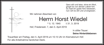 Traueranzeige von Horst Wiedel von Frankenpost