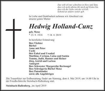 Traueranzeige von Hedwig Holland-Cunz von Südthüringer Presse