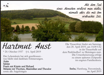 Traueranzeige von Hartmut Aust von Südthüringer Presse