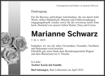 Traueranzeige von Marianne Schwarz von Südthüringer Presse
