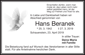 Traueranzeige von Hans Beranek von Frankenpost