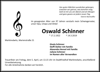 Traueranzeige von Oswald Schinner von Frankenpost