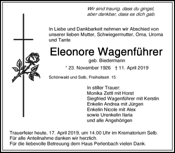 Traueranzeige von Eleonore Wagenführer von Frankenpost
