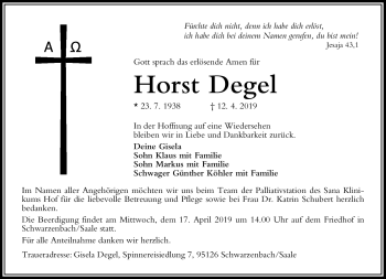 Traueranzeige von Horst Degel von Frankenpost