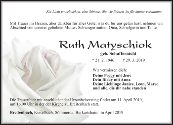Traueranzeige von Ruth Matyschiok von Südthüringer Presse