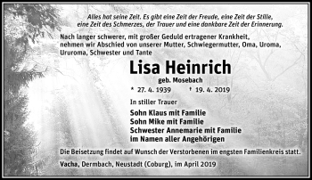 Traueranzeige von Lisa Heinrich von Südthüringer Presse