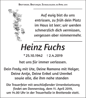 Traueranzeige von Heinz Fuchs von Südthüringer Presse