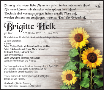 Traueranzeige von Brigitte Helk von Südthüringer Presse
