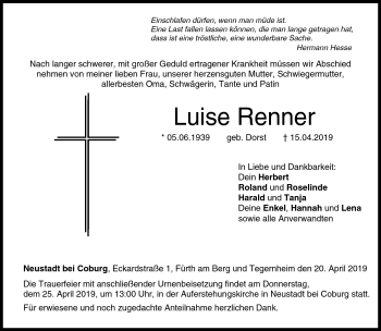 Traueranzeige von Luise Renner von Neue Presse Coburg