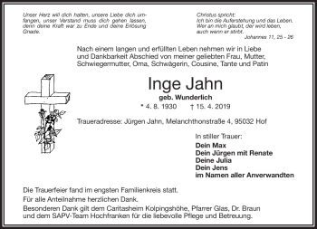 Traueranzeige von Inge Jahn von Frankenpost