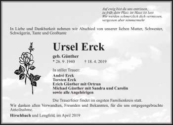 Traueranzeige von Ursel Erck von Südthüringer Presse