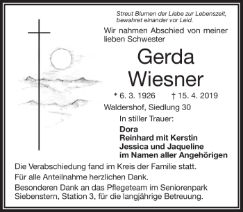 Traueranzeige von Gerda Wiesner von Frankenpost