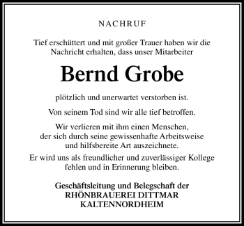 Traueranzeige von Bernd Grobe von Südthüringer Presse