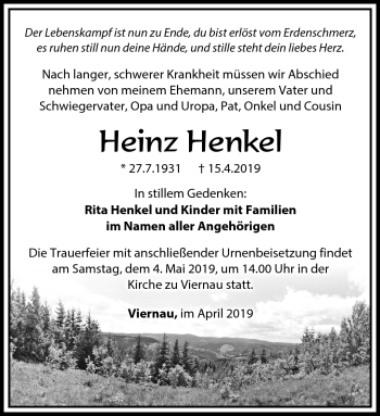 Traueranzeige von Heinz Henkel von Südthüringer Presse