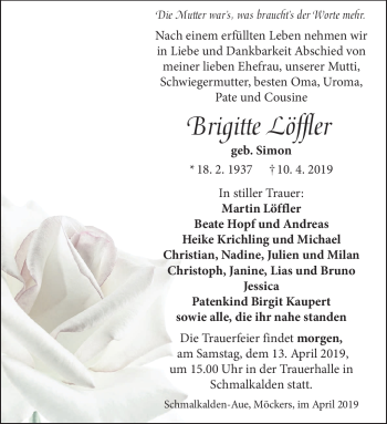 Traueranzeige von Brigitte Löffler von Südthüringer Presse