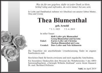 Traueranzeige von Thea Blumenthal von Südthüringer Presse