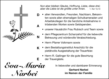 Traueranzeige von Eva-Maria Narbei von Südthüringer Presse