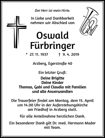 Traueranzeige von Oswald Fürbringer von Frankenpost
