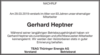 Traueranzeige von Gerhard Heptner von Südthüringer Presse
