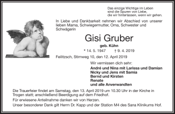 Traueranzeige von Gisi Gruber von Frankenpost