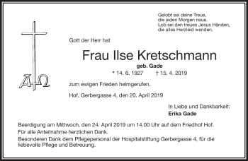 Traueranzeige von Ilse Kretschmann von Frankenpost