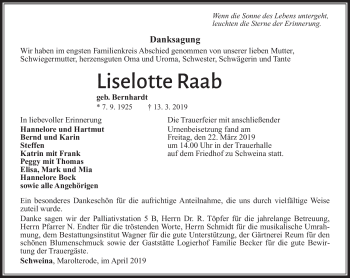 Traueranzeige von Liselotte Raab von Südthüringer Presse