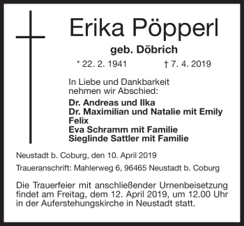 Traueranzeige von Erika Pöpperl von Neue Presse Coburg