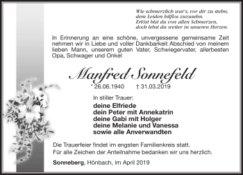 Traueranzeige von Manfred Sonnefeld von Südthüringer Presse