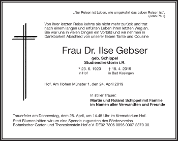 Traueranzeige von Ilse Gebser von Frankenpost