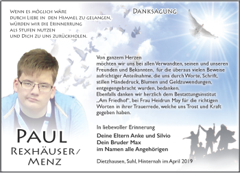 Traueranzeige von Paul Rexhäuser von Südthüringer Presse