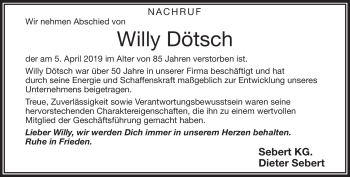 Traueranzeige von Willy Dötsch von Frankenpost