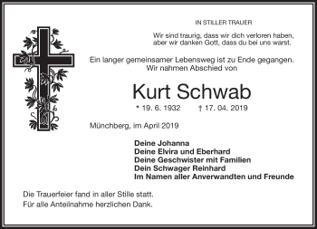 Traueranzeige von Kurt Schwab von Frankenpost
