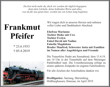 Traueranzeige von Frankmut Pfeifer von Südthüringer Presse