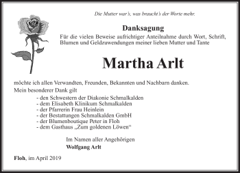 Traueranzeige von Martha Arlt von Südthüringer Presse