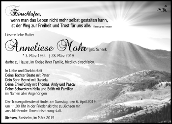 Traueranzeige von Anneliese Mohr von Südthüringer Presse
