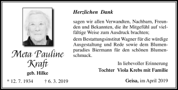 Traueranzeige von Meta Pauline Kraft von Südthüringer Presse