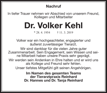 Traueranzeige von Dr. Volker Kehl von Südthüringer Presse