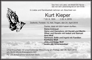 Traueranzeige von Kurt Kieper von Frankenpost