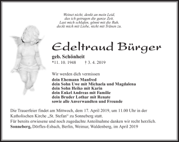 Traueranzeige von Edeltraud Bürger von Südthüringer Presse