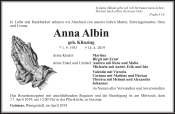Traueranzeige von Anna Albin von Südthüringer Presse