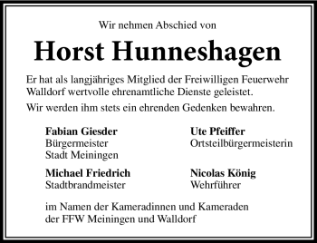 Traueranzeige von Horst Hunneshagen von Südthüringer Presse