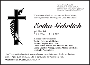 Traueranzeige von Erika Gehrlich von Südthüringer Presse