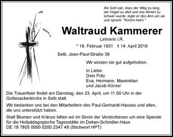 Traueranzeige von Waltraud Kammerer von Frankenpost