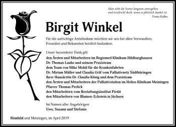 Traueranzeige von Birgit Winkel von Südthüringer Presse